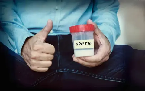 Mężczyzna pokazuje kciuk w górę, trzymając pojemnik z napisem "sperm". Zawartość pojemnika ma prawidłowy kolor spermy.
