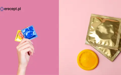 Durex co to? Różne rodzaje prezerwatyw w kolorowych opakowaniach i jedna rozłożona, gotowa do użycia.
