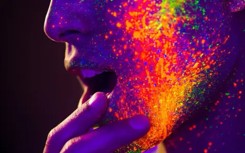 Twarz pokryta neonowymi farbami, jakby ktoś próbował zrobić minetę z kolorowego proszku.