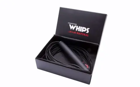 Czarny, skórzany pejcz erotyczny w eleganckim pudełku z napisem "WHIPS".