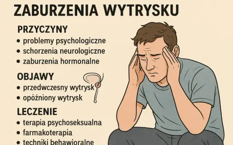 Ilustracja przedstawia mężczyznę z problemami z wytryskiem, z dłońmi na skroniach, symbolizującymi stres i ból. Wymienione są przyczyny, objawy i leczenie.