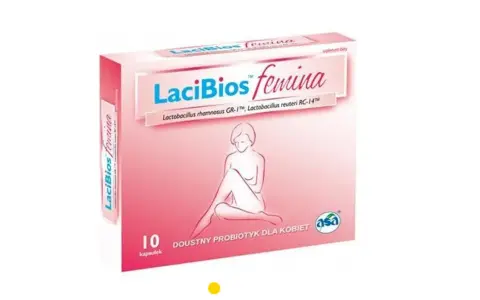 Opakowanie LaciBios femina, doustny probiotyk dla kobiet, zawiera 10 kapsułek. Wspiera zdrowie intymne.